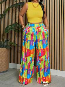 Women's Casual Vacation Style Ribbed Knit Mock Neck Sweater (Wavy Pattern) Paired With Wide Leg Woven Pants 2 Pieces Set - Yellow - View 4