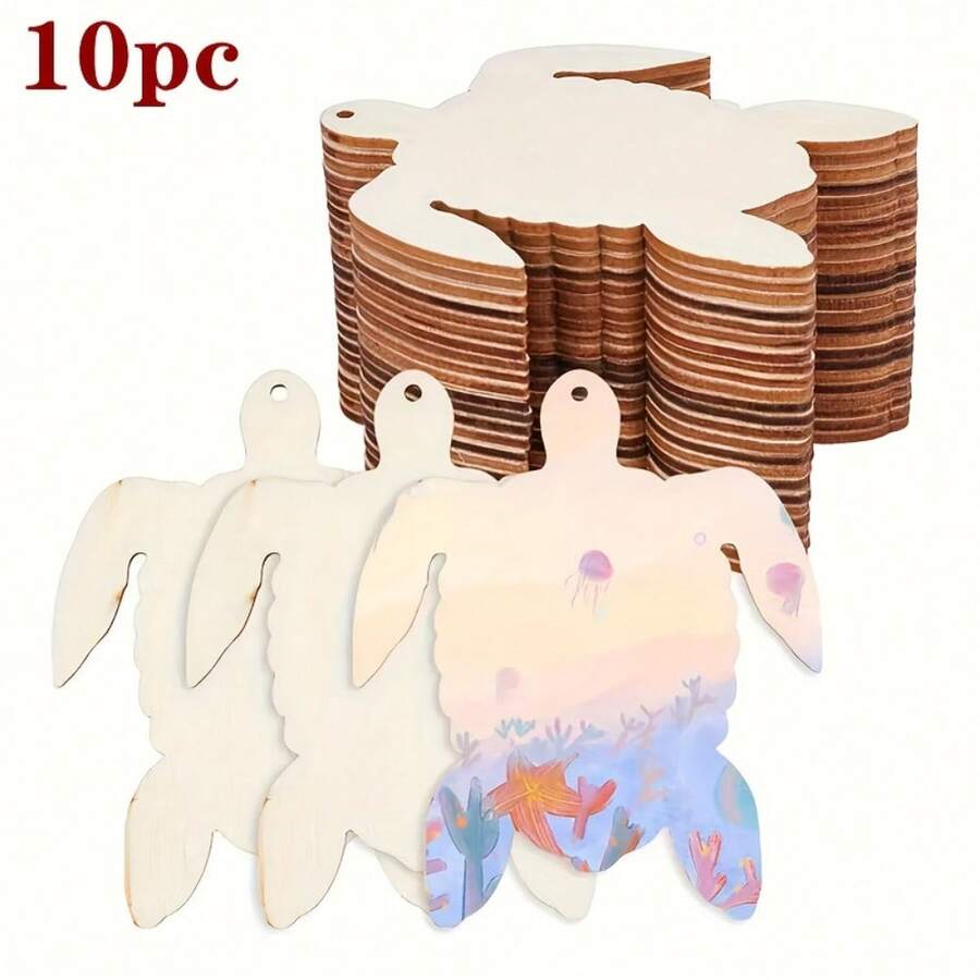 10 块木质乌龟形木片 DIY 绘画涂鸦工艺品木制吊坠摆件家居装饰品 - 多色 - 查看 1