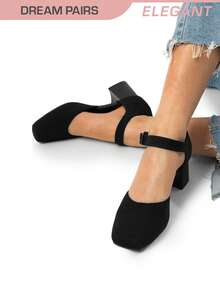 Women's Square Toe Chunky Heels Pumps Ankle Strap Comfortable Knitted Closed Toe Fashionable Elegant Holiday Work Dress Shoes - Màu xanh lam - Xem 1