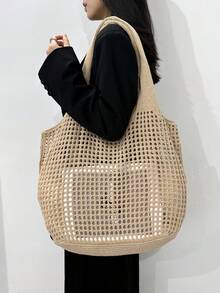 ENBEI Large Capacity Hollow Out Handheld Crochet Knitted Shopping Tote Bag,Women's Fashion Handmade Crochet Handbag, Summer Hollow Shoulder Bag, Outdoor Travel, Shopping, Back To School Season, Suitable For Girls, White-Collar Workers, Office Workers, School, Beach, Mother's Day Gift For Mom, Perfectly Matching With Crochet Set - Khaki - View 7