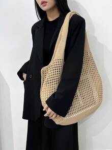 ENBEI Large Capacity Hollow Out Handheld Crochet Knitted Shopping Tote Bag,Women's Fashion Handmade Crochet Handbag, Summer Hollow Shoulder Bag, Outdoor Travel, Shopping, Back To School Season, Suitable For Girls, White-Collar Workers, Office Workers, School, Beach, Mother's Day Gift For Mom, Perfectly Matching With Crochet Set - Khaki - View 8