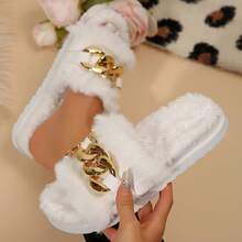 Women's Metallic Chain Sandals - Fluffy & Open Toe For Winter Wear - trắng - Xem 6