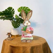 Easter Straw Bunny Decoration Cute Rabbit Holding Carrot Figurines Table Centerpiece For Home Farmhouse Office Kitchen Spring Tiered Tray Decor - A - View 4