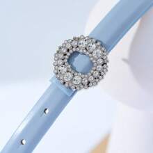 Elegant Luxury Fashionable Sky Blue PU Leather Slim Waist Belt With Shiny Rhinestone Circular Buckle, Suitable For Elegant, Cute, Casual, Sexy, Business, Party, Spring/Summer Outfits Summer, School Fall, Autumn, Halloween
