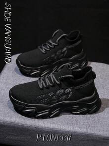 Men's Comfortable Shock-Absorbing Athletic Sneakers, Personalized Knitted Striped Casual Versatile Shoes, Outdoor Fashion Minimalist Lightweight Slip-On Couple Shoes - Black - View 1