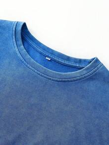 Mysterious Desire Portrait Graphic Printed Men's Vintage Washed Cotton Tee Oversized Street Style Casual Summer T-Shirt - 寶藍色 - 查看 4