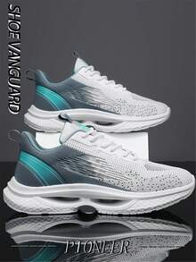 Men's Gradient Color Knitted Mesh Running Shoes, Front Lace-Up Versatile Casual Outdoor Sports Sneakers - Blue and White - View 3