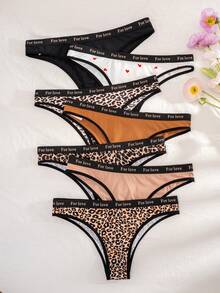 7pcs/Pack Women's Solid Color, Leopard & Heart Print Elastic Waistband Comfy Briefs - Multicolor - View 3