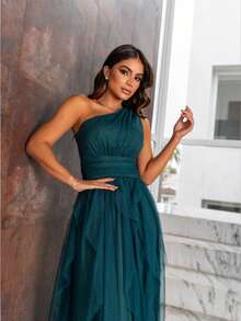 One-Shoulder Layered Bridesmaid Prom Dress - Màu xanh lá cây đậm - Xem 3