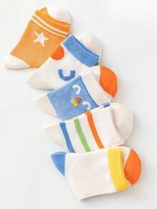 5 Pairs Kids/Children Thin Mesh Candycolor Letter & Striped Pattern Breathable Crew Socks, Suitable For Home & Outdoor, Spring/Summer (Ages 1-12) - Multicolor - View 4