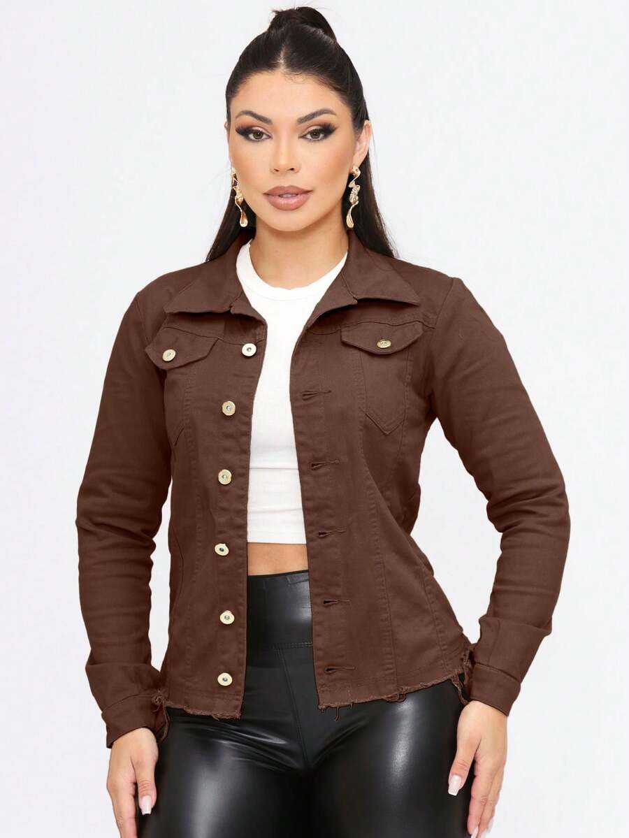 Women's Denim Jacket With Lycra And Buttons - Rỉ Nâu - Xem 1