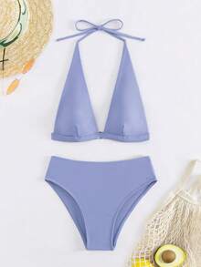 Summer New Solid Color 2 Pieces Halter Neck Backless Bikini Set, Beach Holiday Wear