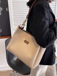 1pc Letter Contrast Color Strap Large Capacity Tote Bag, Versatile Shoulder Bag Suitable For Women To Commute - Khaki - View 3