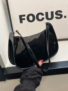 纯色极简拉链单肩包，时尚新月形包，拉链单肩包，仿皮纯色钱包，酒红色内衣收纳袋，理想的新年礼物，时尚酒红色内衣收纳袋 - 黑色 - 查看 6