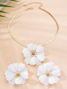 3 件/套女士首饰套装：白色彩绘花朵水晶吊坠项链和耳环，复古优雅时尚配饰，适合度假、旅行、派对、聚会