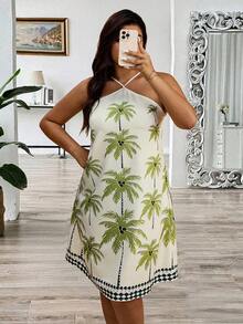 Plus Size Women's Floral Print Halter Neck Sleeveless Dress, Random Print - Multicolor - View 8