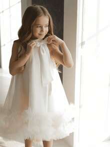 白色蝴蝶结毕业礼服，优雅公主薄纱尾礼服，适合年轻女孩生日派对、婚礼、庆典活动、圣餐礼服