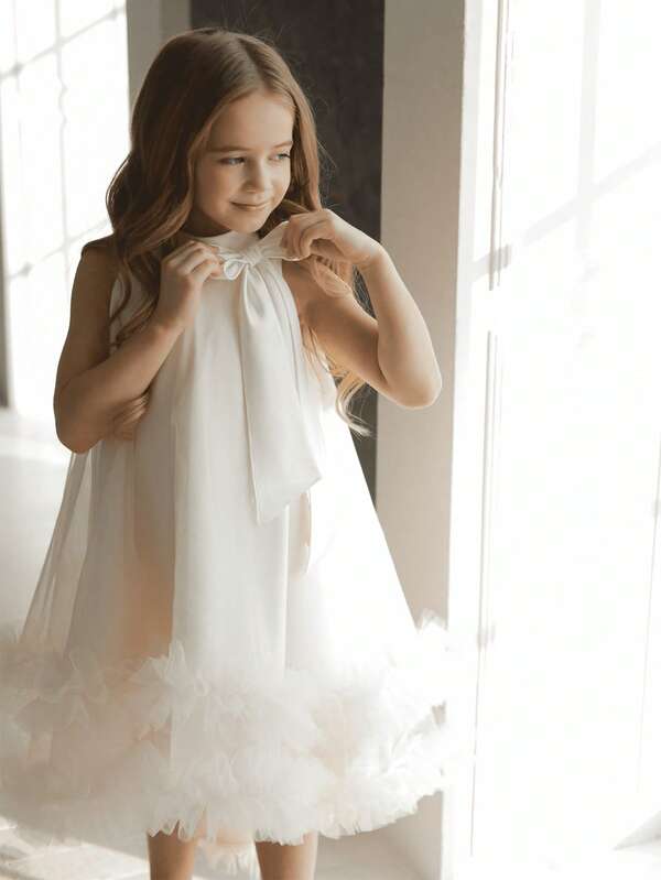 白色蝴蝶结毕业礼服，优雅公主薄纱尾礼服，适合年轻女孩生日派对、婚礼、庆典活动、圣餐礼服