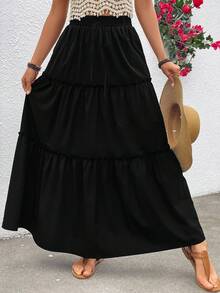 女式黑色长裙弹性腰部荷叶边分层夏季波西米亚长裙带口袋 - 黑色 - 查看 8