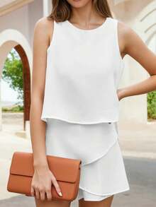 SANOPY Jumpsuits For Women,Women's Summer Elegant Chiffon Solid Color Sleeveless Ruffle Hem Jumpsuit Shorts With Zipper - trắng - Xem 3