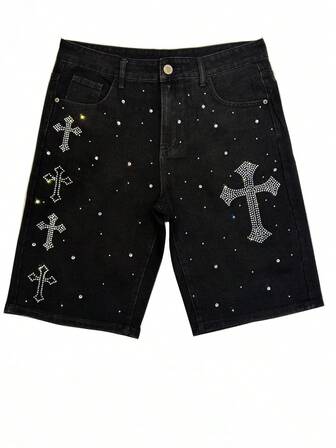 Shorts vaqueros casuales y versátiles con bolsillo de cruz de rhinestone, estilo emo