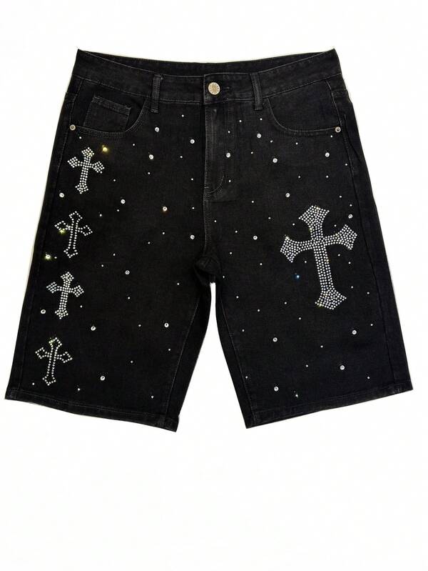 Shorts vaqueros casuales y versátiles con bolsillo de cruz de rhinestone, estilo emo