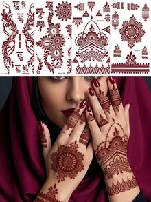4pcs Sensual Hand Flower Design Tattoos In Brown, Red, Chestnut Colors For Finger, Nail, Body Art, Suitable For Wedding, Party