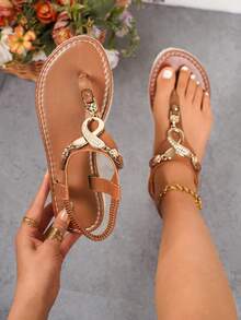 Women's Flat Linen Rope Thong Slip-On Round Toe Flat Sandals, Hollow Out Open Toe Non-Slip Flat Sandals, Outdoor Flat Women Flip Flops - Brown - View 3
