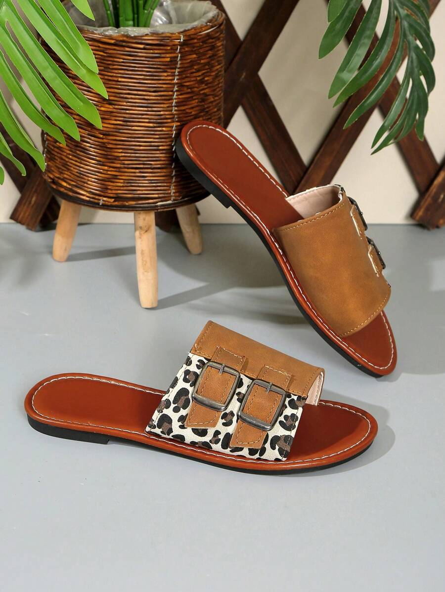 Sandalias planas de tacón abierto con hebilla, tipo slip-on, estilo de moda europeo y americano, nuevo verano 2025