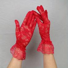 1 Pair Of Elegant White Lace Fingerless Women's Gloves - Breathable Mesh And Floral Pattern, Elastic Fit, Decorative Wedding Bride Gloves With Ruffled Cuffs, Perfect For Summer Outings, Lace Gloves - 黑色 - 查看 4