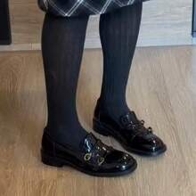 Women's Retro Carved Round Toe Loafers With British Style Belt Buckle, Small Leather Shoes, Genuine Leather Slipper