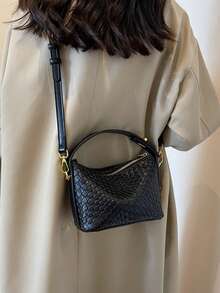 PU Faux Snake Skin Textured Tote Bag For Women, Simple Design, Versatile - Black - View 5