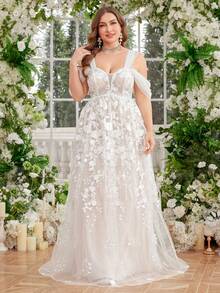 UNITHORSE 露肩刺绣流苏装饰褶皱前片透明白色加大码婚纱礼服，新娘全白派对装女士