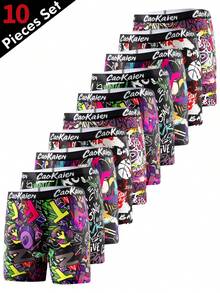 10-Pack Men's Graffiti Print Breathable Boxer Briefs - Black - View 2