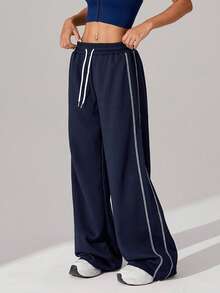 1pc Women's Waffle Knit Loose Straight Leg Drawstring Waist Contrast Color Simple Fitness Sports Pants, Spring/Summer - Navy Blue - View 5