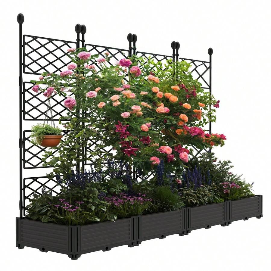 Studyset 3Pcs Plastic Plant Box With Metal Trellis,Raised Garden Bed With Trellis Planter For Climbing Plant Outdoor Raised Planter Box Privacy Screen For Climbing Plants Vegetable,Planter Box For Backyard Patio - 4PCS - View 1