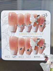 10 件手工腮红猫眼法式钻石蝴蝶白色法式假指甲按压指甲美甲用品指甲 - 藕粉色 - 查看 2