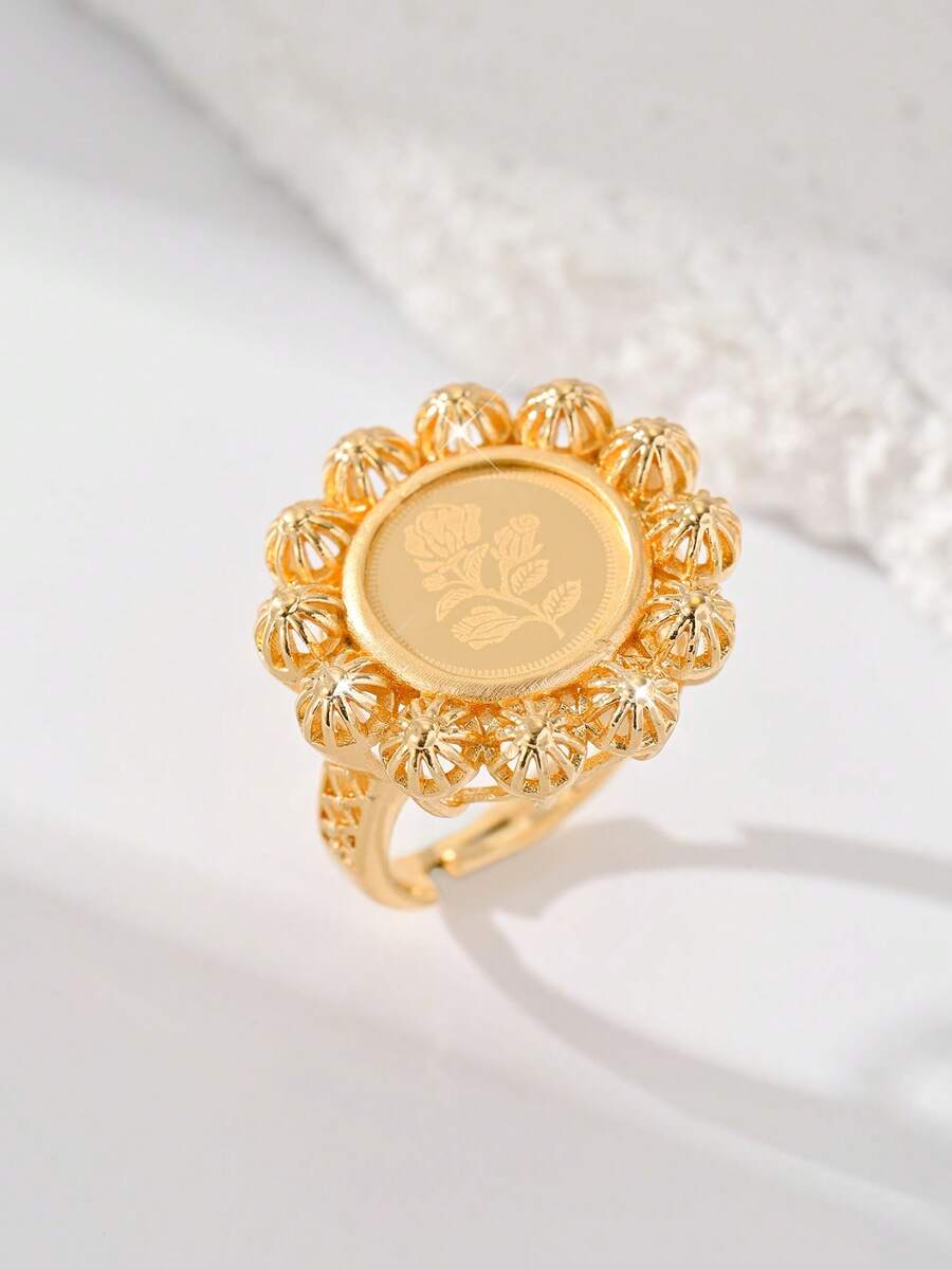 1pc 22K Gold Plated Copper Material Women's Adjustable Ring, Unique Design With Laser Engraved Pattern, Suitable As Gift For Lover, Daily Casual Wear, Mother/Mom