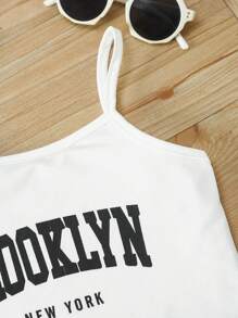 3pcs/Set Girls Summer Outfit: Letter Print Spaghetti Strap Vest + Black Mesh Overlay Top + Shorts Set, Outdoor Brooklyn Letter Print Vest + Mesh Overlay Top + Shorts Set, 3pcs Fashionable Set With Mesh Overlay Top & Vest + Sports Shorts, Spring & Summer