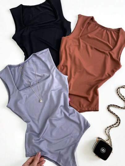 Kit 3 Bodys Feminino Bory Alça Grossa Costas Fechadas Chic Básico Trabalho Dia Noite Festa Churrasco Natal Presente Aniversário