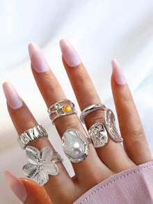 6pcs/Set Women's Punk Style Vintage Geometric Ring Set, Fashion Personalized Jewelry Gift - Silver - View 2