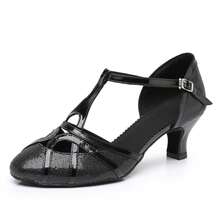 Damen Latein T-Strap Tanzschuhe Geschlossene Zehen Mode Salsa Tango Cha-Cha Ballsaal Performence Tanzschuhe Hochzeit Abend Party Silber 5cm Absatz 34-41EU - Schwarz 5cm Absatz - Übersicht 2