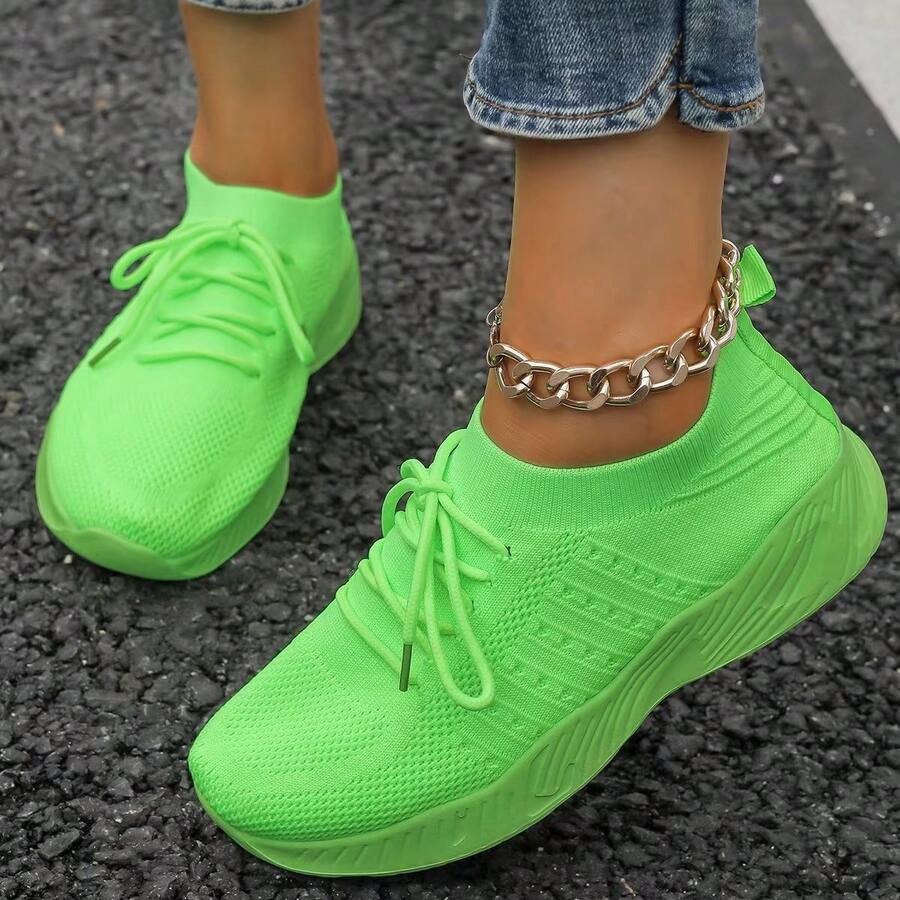 Women's Plain Round Toe Criss-Cross Strap Casual Sports Sneakers - Light Green - View 1