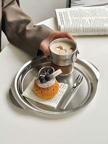 1 件美式不锈钢炸鸡小吃盘、扁平蛋糕/糕点盘、烧烤托盘、下午茶咖啡圆形托盘 - 銀色 - 查看 5