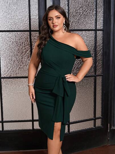 Fuaheng Plus Size Asymmetrical Neck Ruched Front Sleeveless Slim Fit Split-Hem Cocktail Dress, Formal Gown, Party Dress, Wedding Guest Dress, Prom Dress