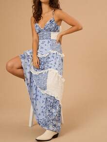 Women Spaghetti Strap Deep V Neck Boho Floral Maxi Dress Backless Smocked Ruffle Long Party Dresses - 藍色 - 查看 2