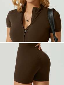 NcmRyu 1pc Solid Color Women Casual Everyday Loose Yoga Comfortable Activewear For Fitness Gym Running And Outdoor Activities Spring/Summer Conjunto Deportivo Mujer - 咖啡棕 - 查看 5