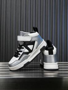 1 Đôi Giày Thể Thao Cổ Cao Cho Trẻ Em, Thân Giày Bằng Da PU, Giày Chạy Bộ Trong Nhà/Ngoài Trời, Khóa Dán Dễ Mặc, Nhẹ, Chống Trượt, Thoáng Khí, Thoải Mái, Thời Trang Unisex Retro Chunky Patchwork - Bạc - Xem 7