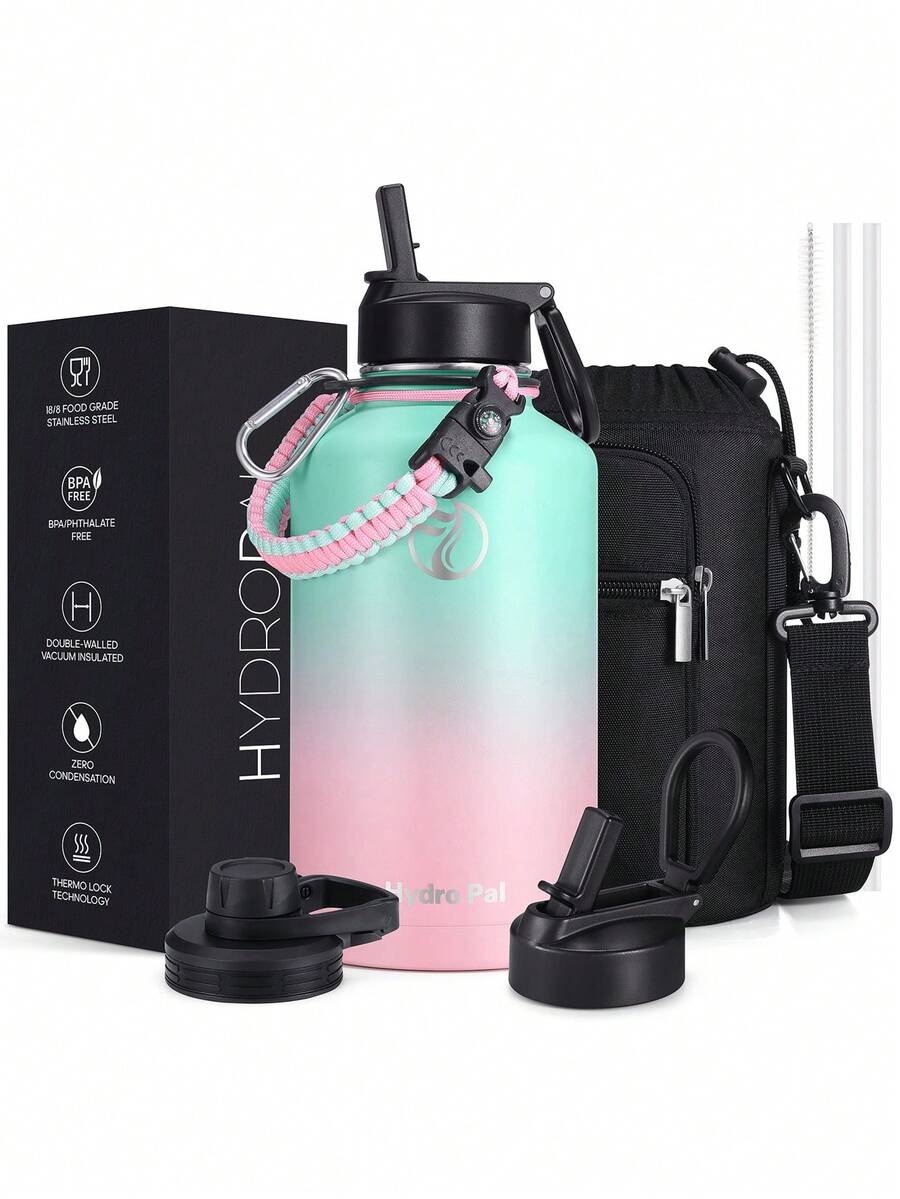 UKEIN Half Gallon Water Bottle With 2 Lids(Chug Lid And Straw Lid),64oz Insulated Water Bottle With Straw, Wide Mouth Double-Wall Vacuum Thermo With Paracord/Protective Carrier Boot - 綠色-粉紅色 - 查看 1