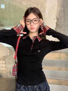 Women's Polo Collar 2 In 1 Plaid Contrast Design Slim Fit Long Sleeve T-Shirt - Red Plaid - View 2